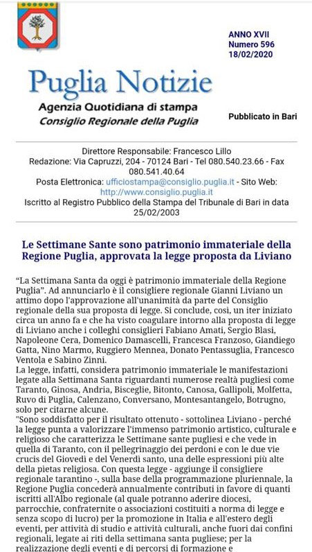 Il Consiglio regionale approva all'unanimità ''le Settimane Sante'' patrimonio immateriale della Puglia